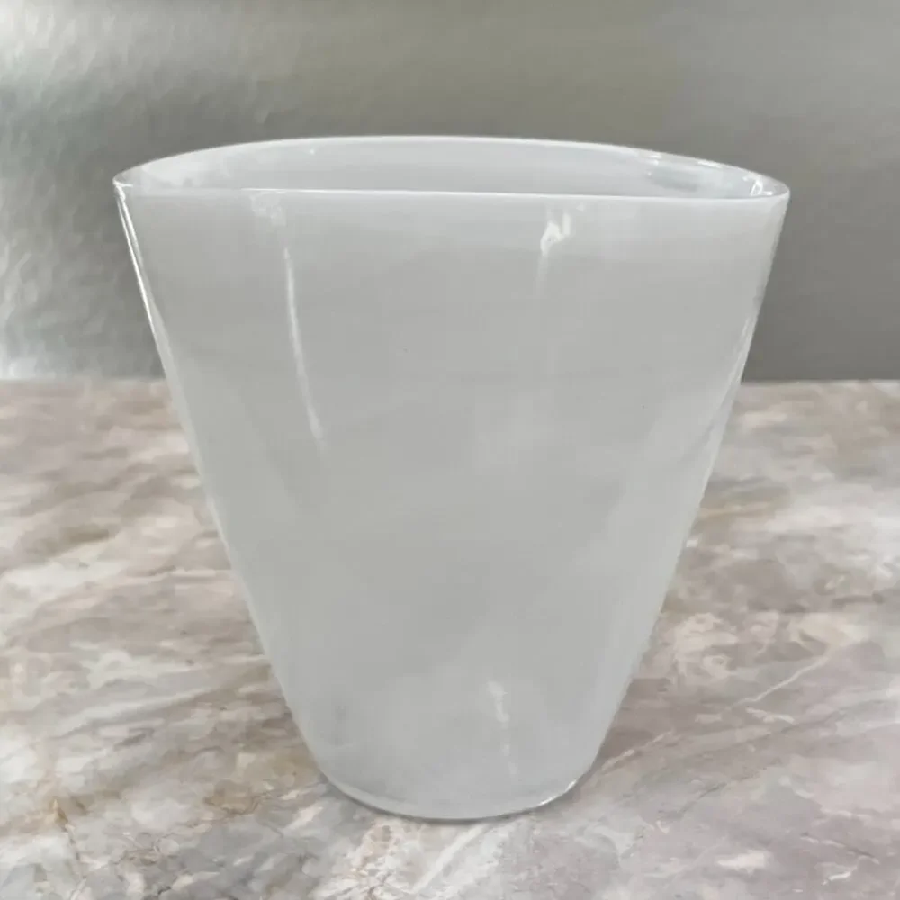 White Opulent Swirls Glass Art Oval Round Vase 7.25